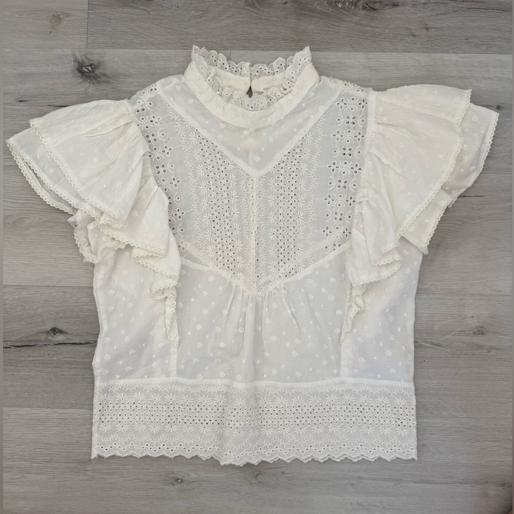 Anthropologie Ruffled Eyelet Blouse White Cottagecore Boho Prairie Top Medium - Picture 3 of 13